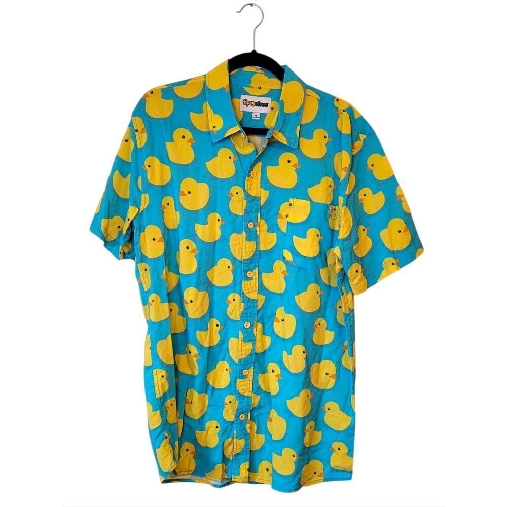Tipsy Elves Bright Blue Short-Sleeve Button-Up with Yellow Duck Print Size XL